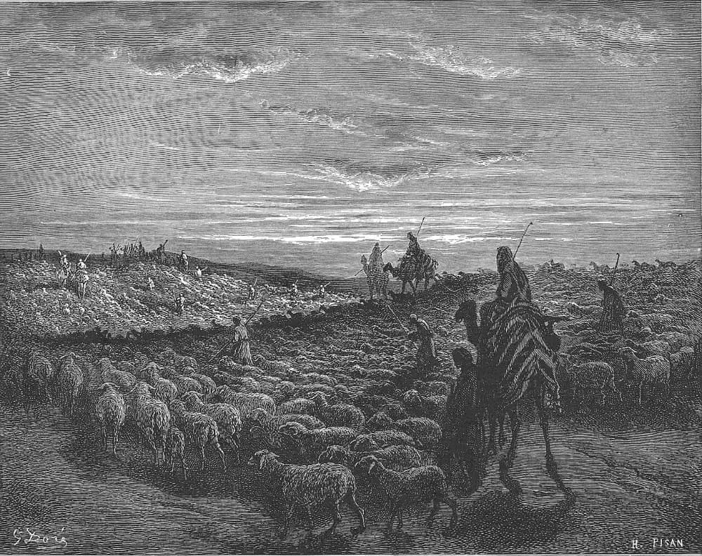 Engraving of Abraham on a camel leading flocks of sheep across open country under a wide evening sky.