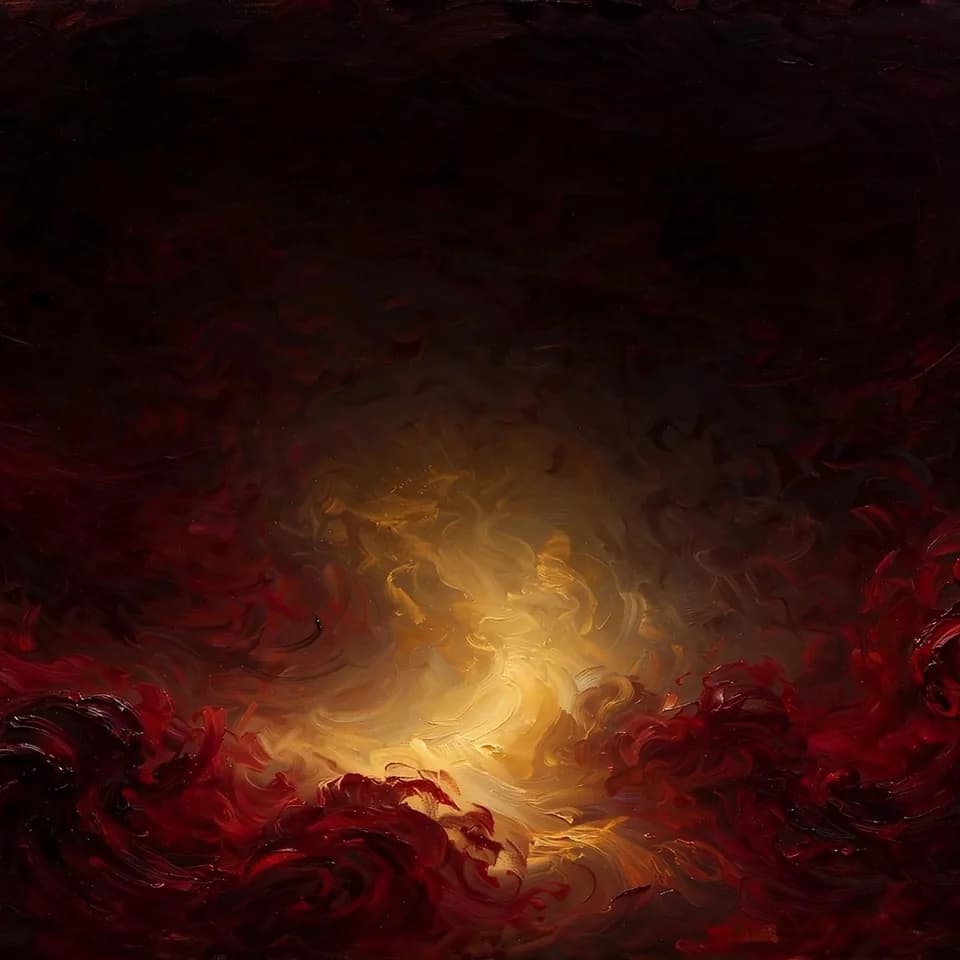 Square text-free artwork for Glory, crimson and black palette-knife strokes around a burst of warm gold light.
