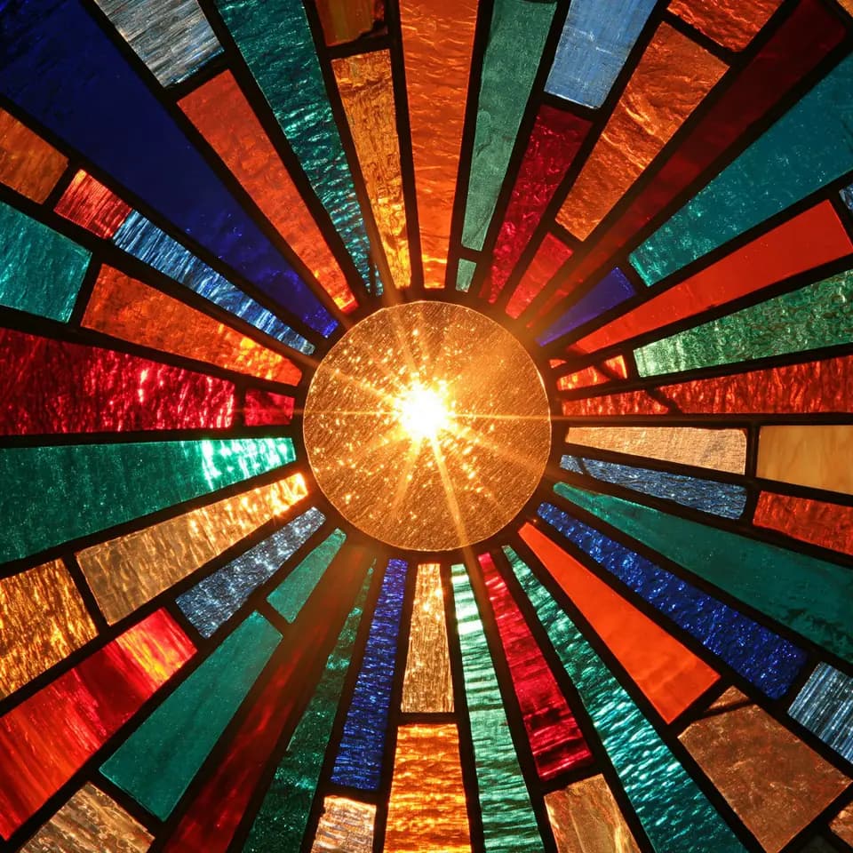 Square text-free artwork for Light of the World, a stained-glass sunburst in jewel tones around a bright center.
