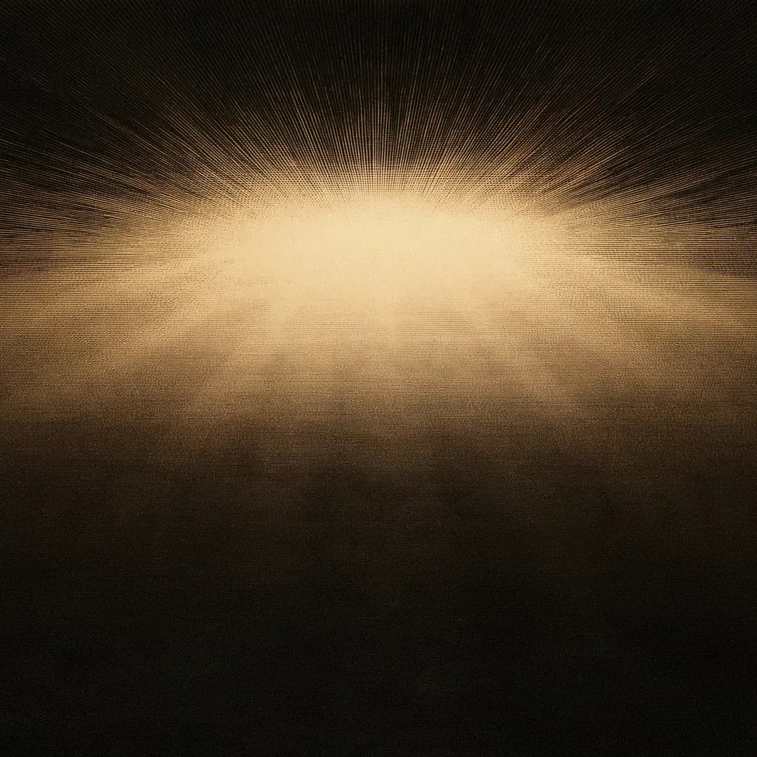 Square title graphic for The Light Has Come, with engraved gold rays on a near-black ground.